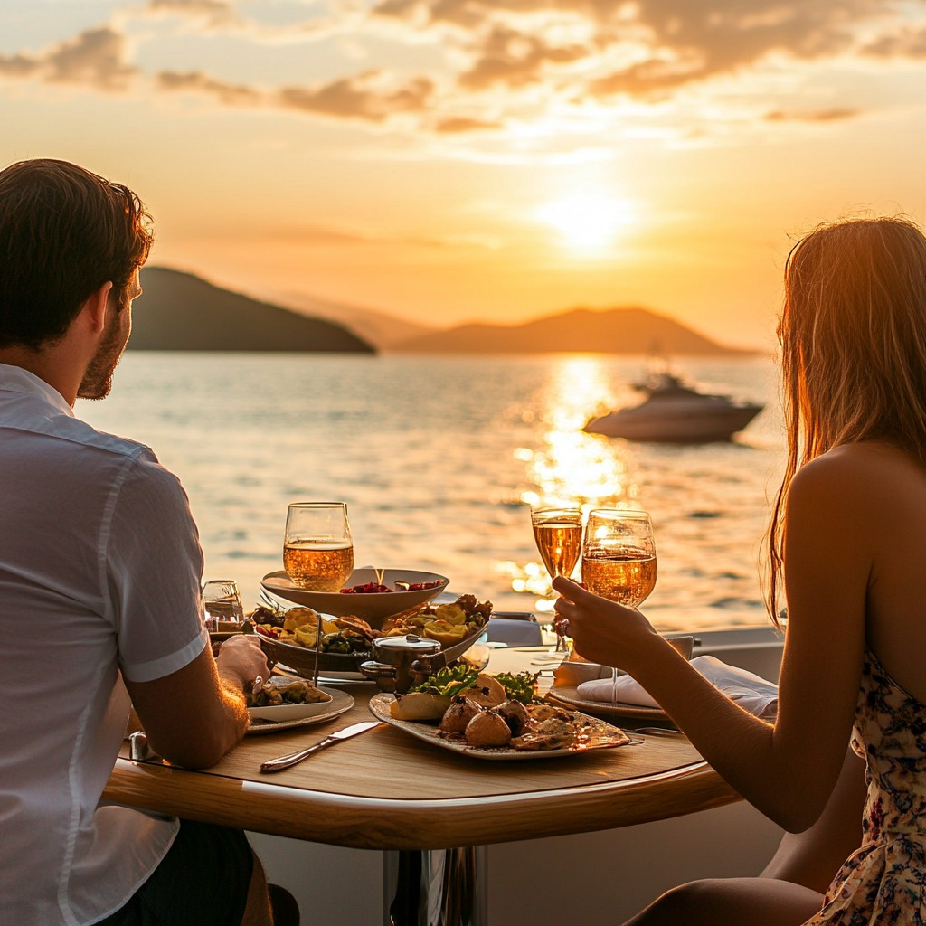 Couple enjoying a meal on the yacht deck with ocean views